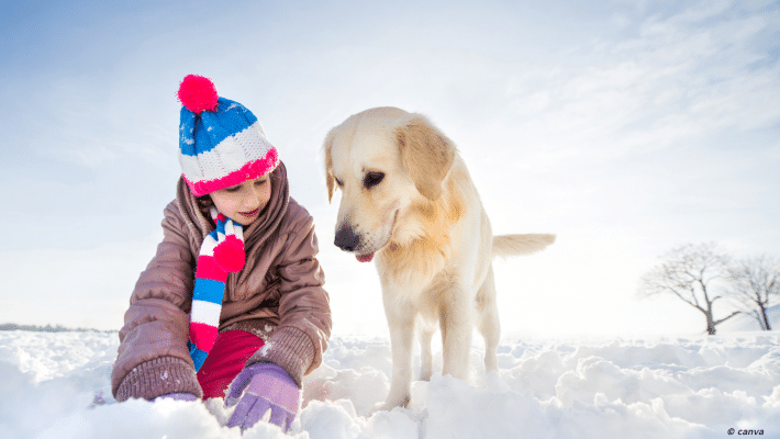jeune fille et chien dans la neige